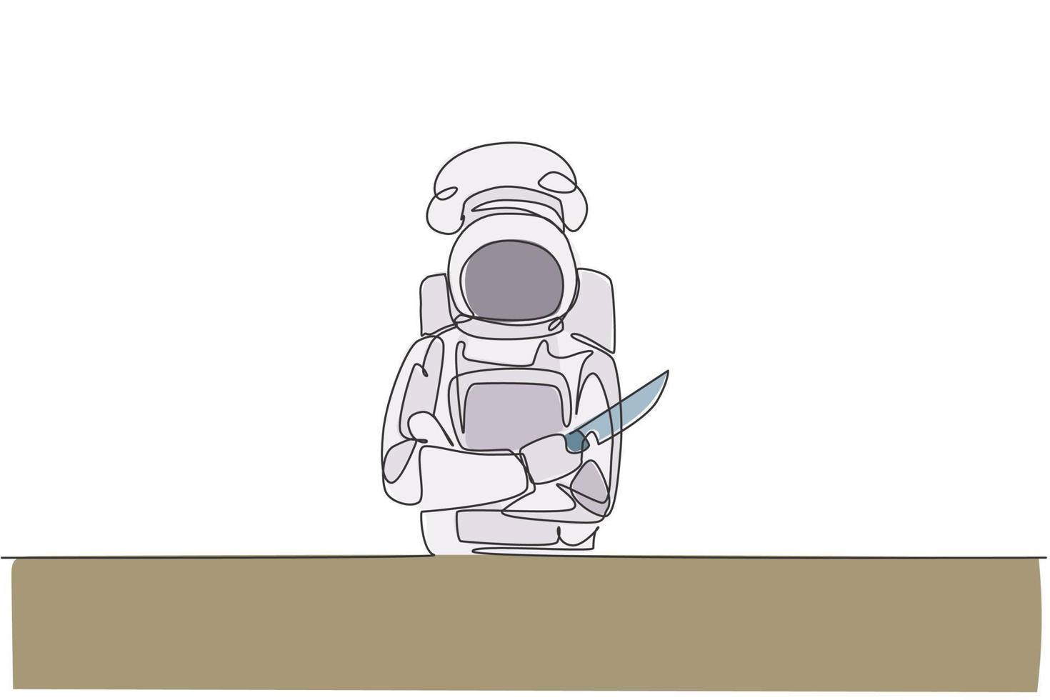 Chef astronauta de dibujo de línea continua única sosteniendo un cuchillo y cruzando los brazos sobre el pecho en la cafetería del espacio exterior. concepto de cocina de restaurante saludable. Ilustración de vector gráfico de diseño de dibujo de una línea de moda