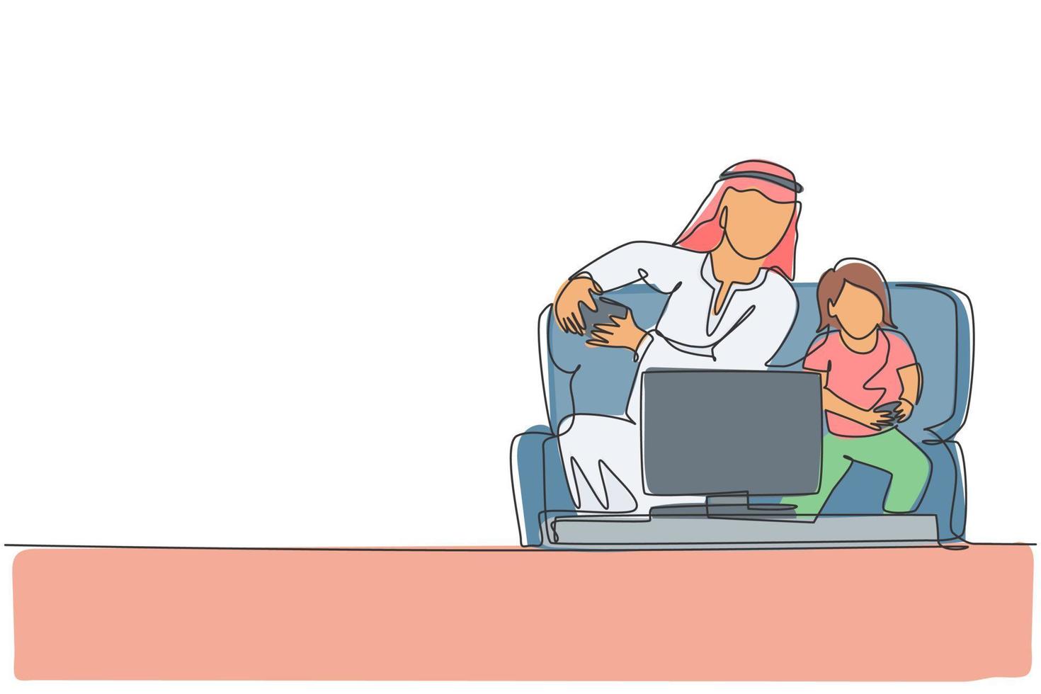 One single line drawing of young Islamic dad playing video game with daughter while sit on sofa vector illustration. Happy Arabian muslim family parenting concept. Modern continuous line draw design