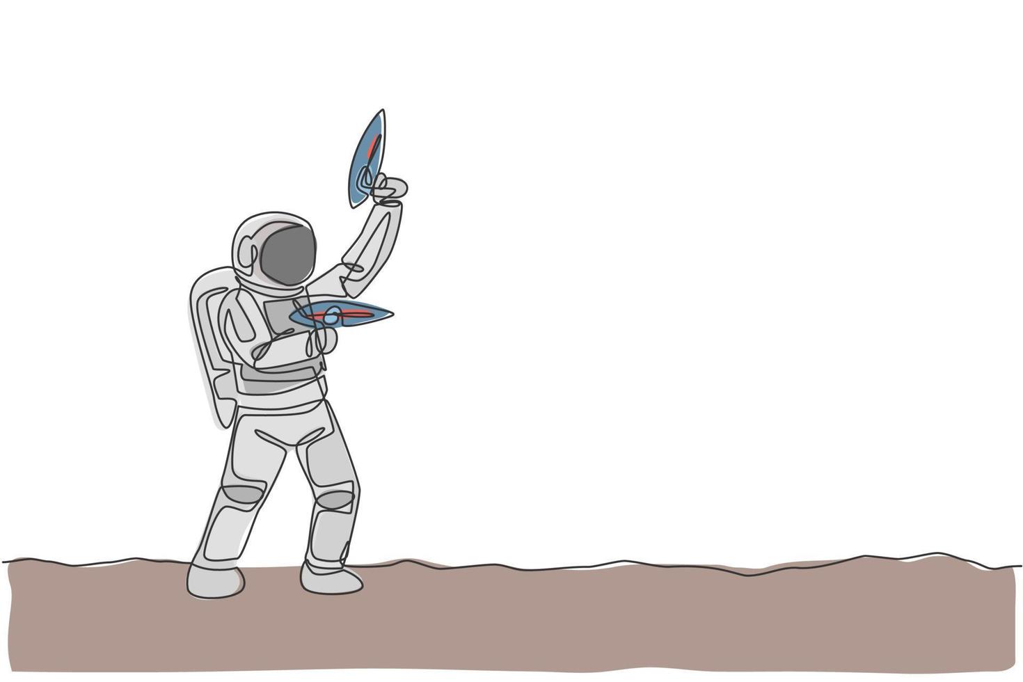 One continuous line drawing of young astronaut shoot using space laser gun to kill enemy in moon surface. Cosmic galaxy space concept. Dynamic single line draw graphic design vector illustration