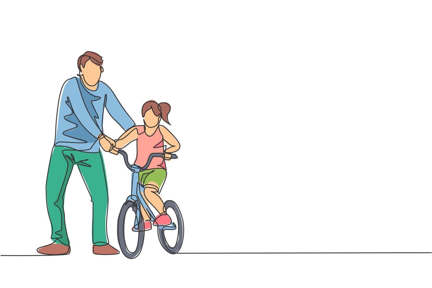 un dibujo continuo de un padre joven ayuda a su hija a aprender a andar en bicicleta en el campo juntos. concepto de lección de paternidad. Ilustración de vector gráfico de diseño de dibujo de línea única dinámica