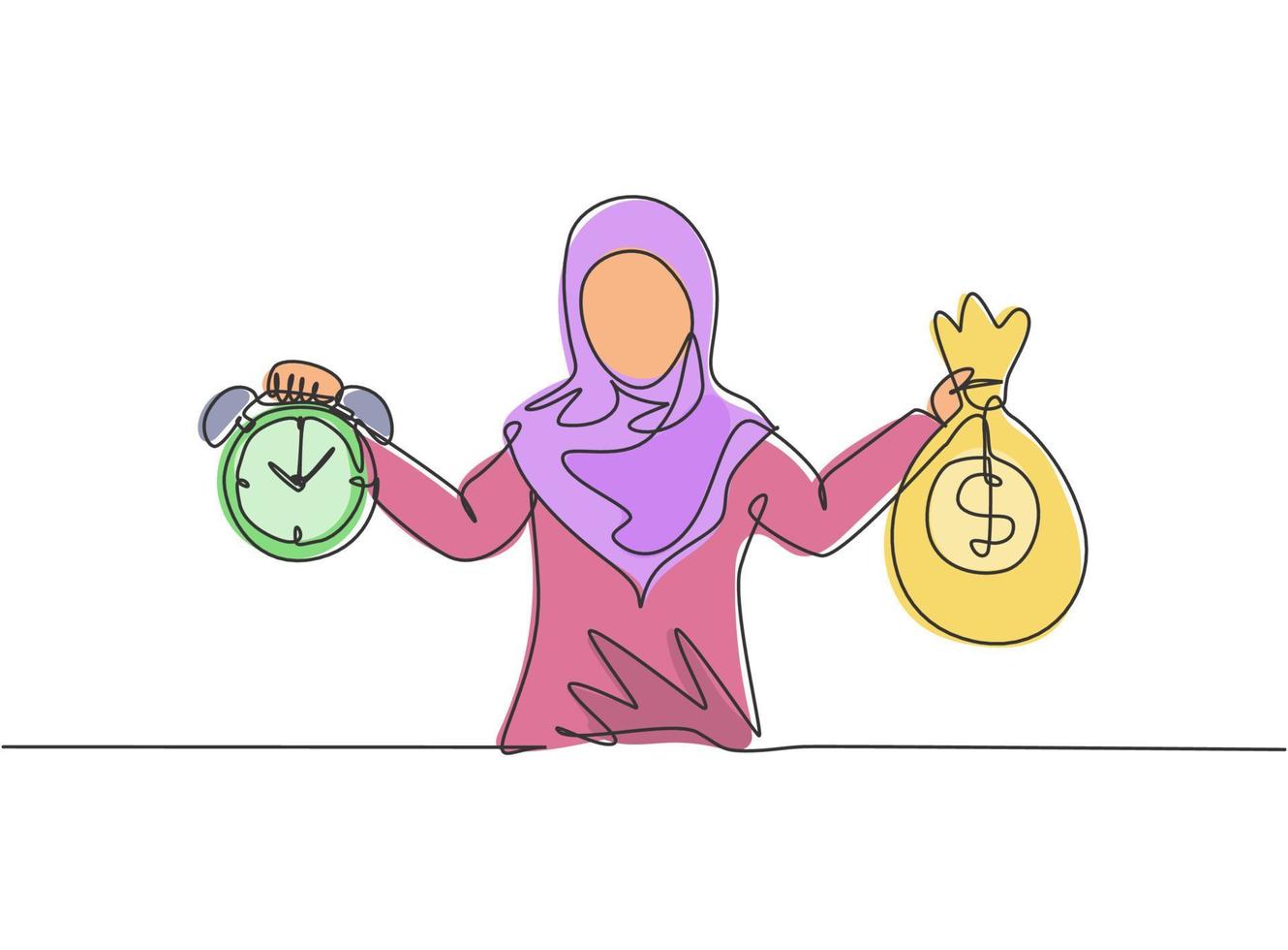 Continuous one line drawing young Arab female worker holding money bag and alarm clock with her hands. Minimalism metaphor business concept. Single line draw design vector graphic illustration.