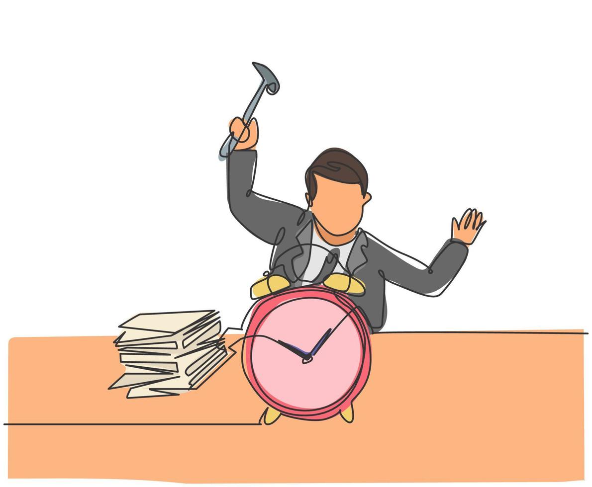 Single continuous line drawing young stressful business man hit the alarm clock with hammer. Minimalism metaphor business deadline concept. Dynamic one line draw graphic design vector illustration