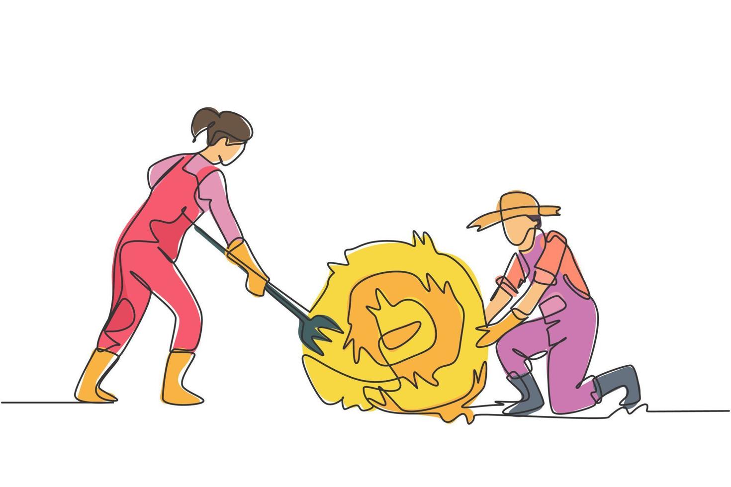 Single one line drawing female farmer was stabbing a haystack and rolling it with straw stick and the male farmer was helping her. Minimalism concept. One line draw design graphic vector illustration.