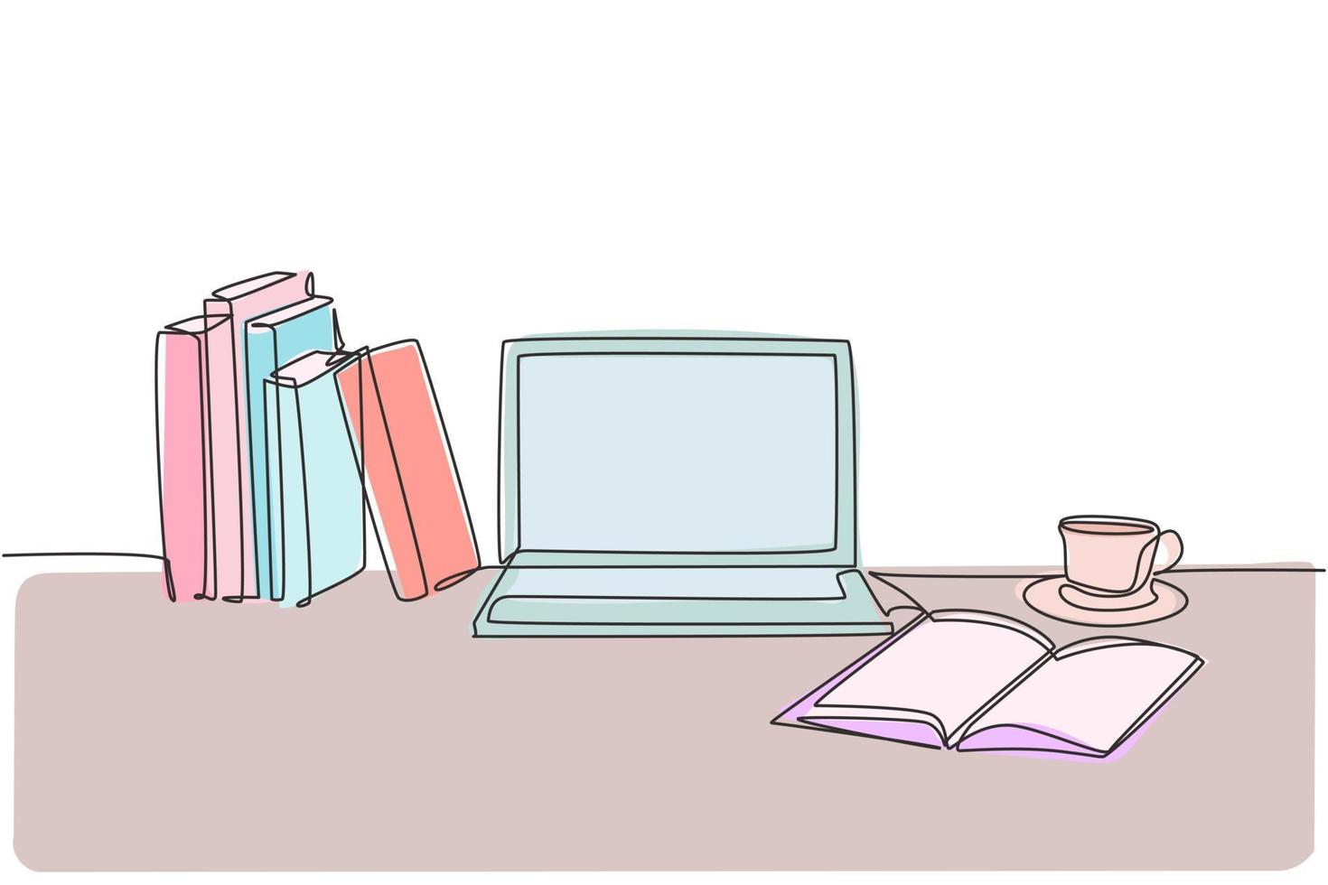 One continuous line drawing of stack of books line up with computer laptop, book and a cup of coffee. Study space desk concept. Single line draw design vector illustration