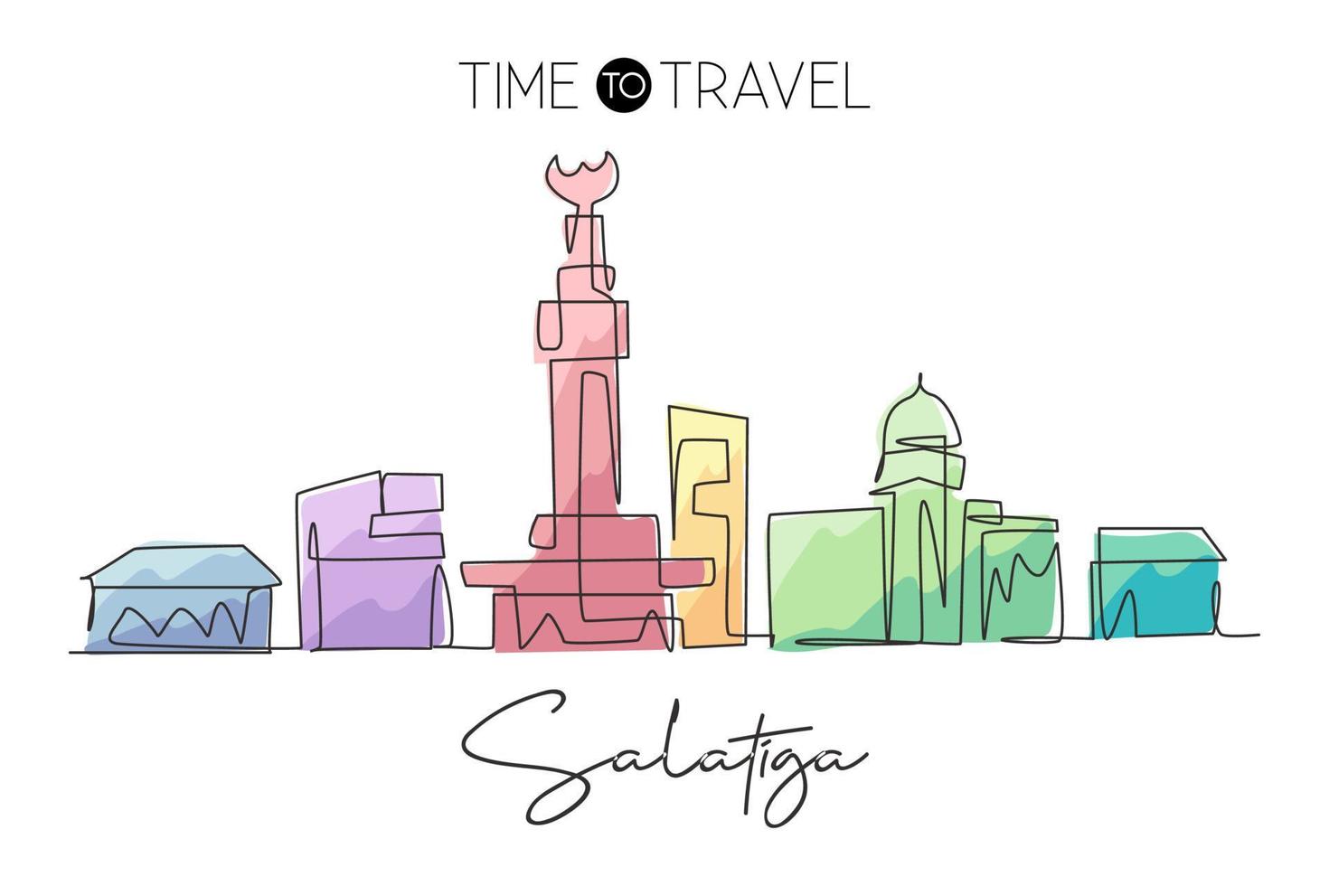 Single continuous line drawing of Salatiga city skyline, Central Java Indonesia. Famous city for wall decor print. World travel concept. Editable stroke modern one line draw design vector illustration
