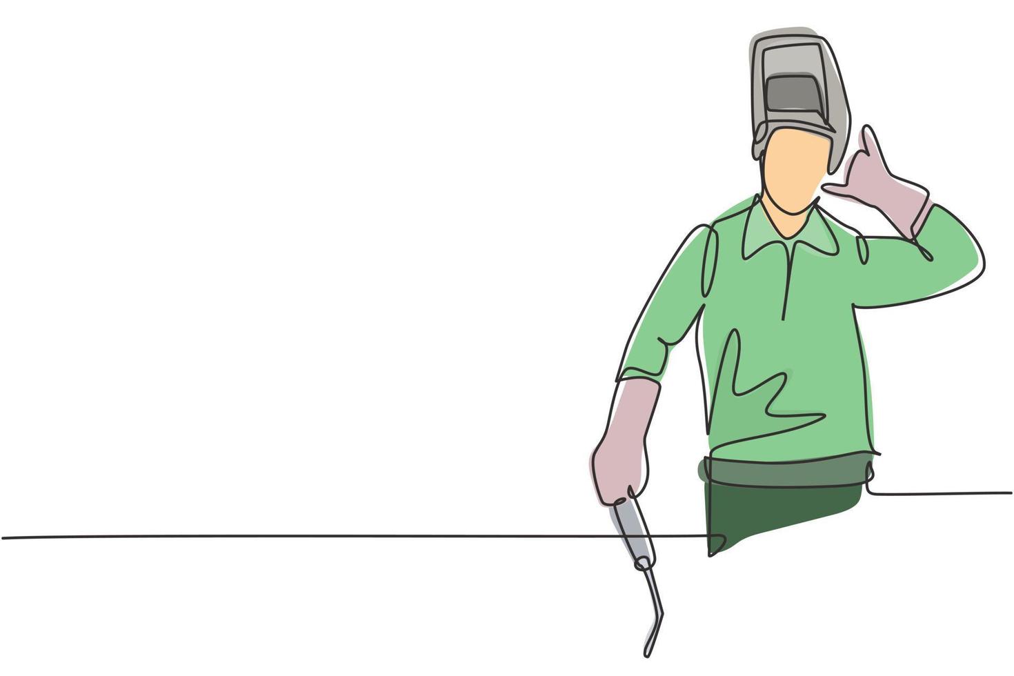 Single continuous line drawing welder with call me gesture works in the construction of building forming steel frame that is melted by fire. Dynamic one line draw graphic design vector illustration