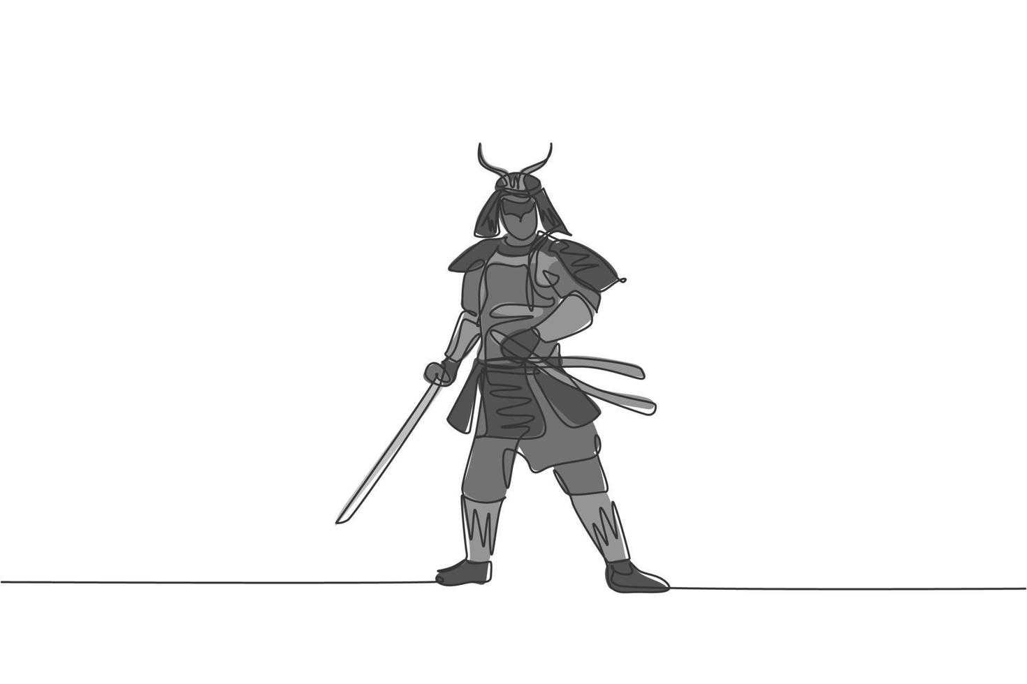 Single continuous line drawing of young strong samurai shogun wearing traditional uniform holding sword at festival. Ancient fighter soldier concept. Trendy one line draw design vector illustration