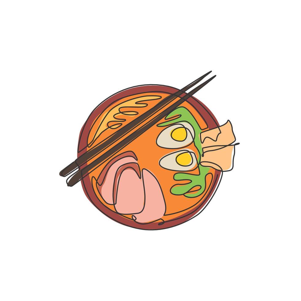 Single continuous line drawing of stylized Japanese ramen logo label, top view. Fast food noodle restaurant concept. Modern one line draw design vector illustration for cafe or food delivery service