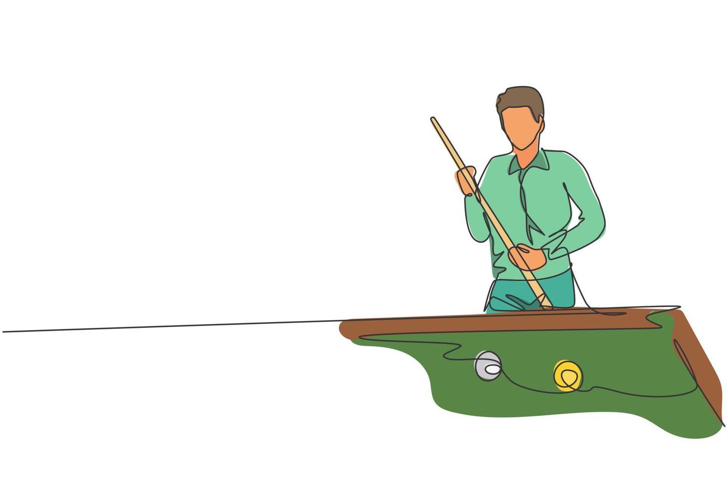 Single continuous line drawing of young handsome professional athlete man playing pool billiards at billiard room in bar. Indoor sport game concept. Trendy one line draw design vector illustration