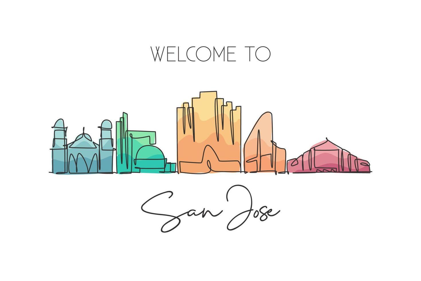 One continuous line drawing San Jose city skyline, California. Beautiful landmark. World tourism travel vacation home wall decor poster print art. Stylish single line draw design vector illustration