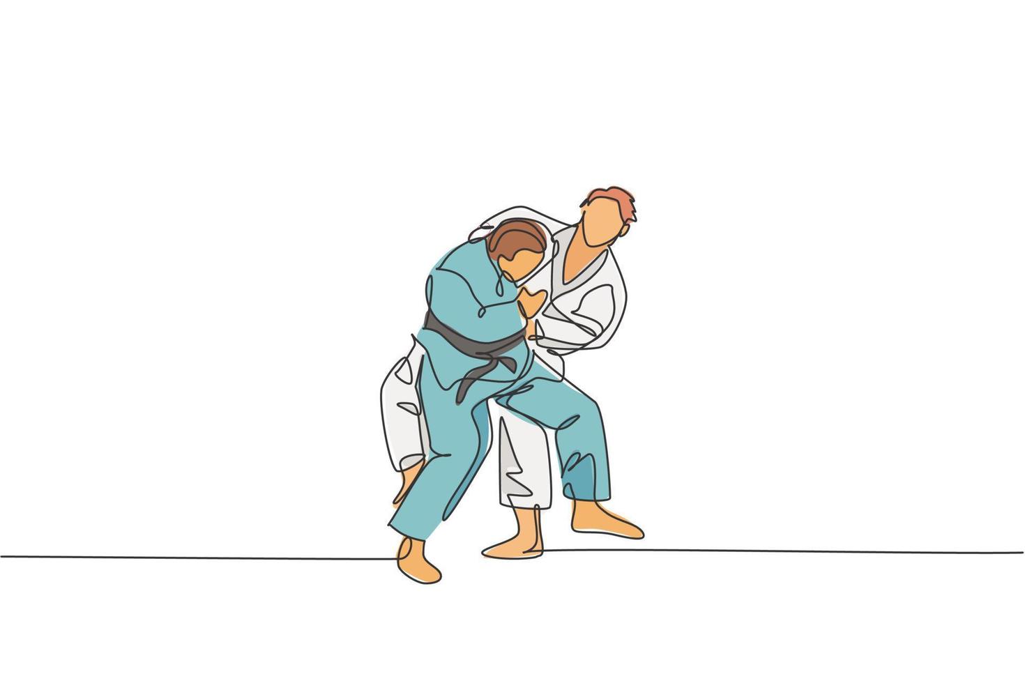 un dibujo de una sola línea de dos jóvenes luchadores judokas enérgicos luchan luchando en el centro de gimnasia ilustración vectorial gráfica. concepto de competición deportiva de artes marciales. diseño moderno de dibujo de línea continua vector