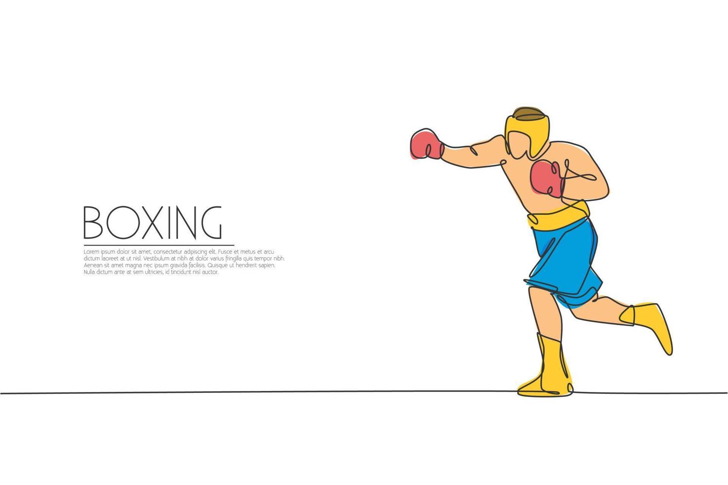 un dibujo de línea continua de un joven boxeador deportivo practica su golpe de gancho. concepto de deporte de combate competitivo. ilustración de vector de diseño de dibujo de línea única dinámica para cartel de promoción de combate de boxeo