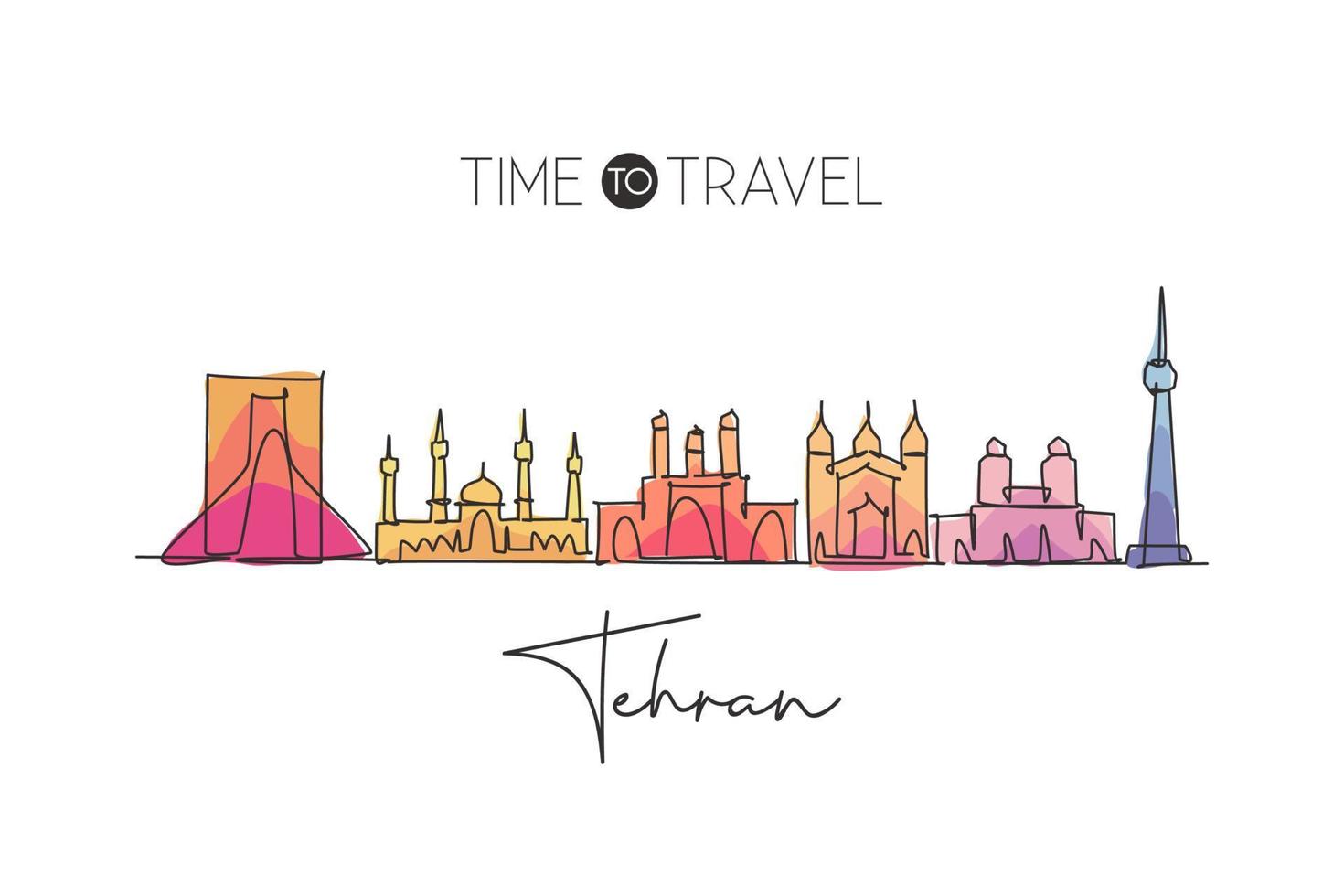 un dibujo de una sola línea de Teherán o el horizonte de la ciudad de Teherán, Irán. paisaje histórico de la ciudad en el mundo. mejor destino de vacaciones. ilustración de vector de diseño de dibujo de línea continua de moda de trazo editable