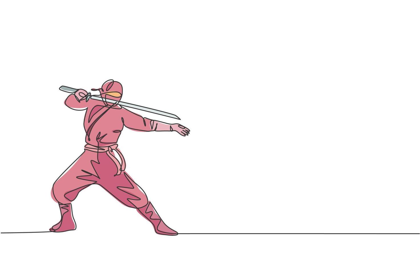 Single continuous line drawing of young Japanese culture ninja warrior on mask costume with attacking stance pose. Martial art fighting samurai concept. Trendy one line draw design vector illustration