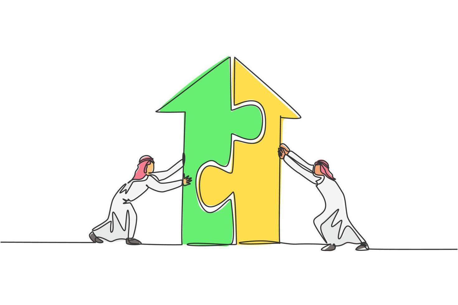 Continuous one line drawing two young handsome Arabian male workers pushing puzzle pieces to build a building. Business teamwork minimalist concept. Single line draw design vector graphic illustration