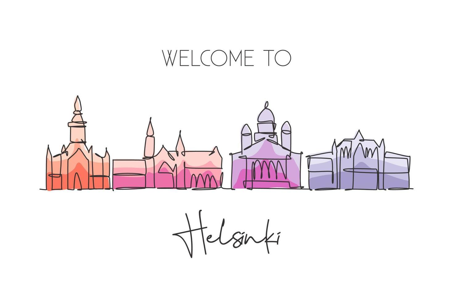 un dibujo de una sola línea del horizonte de la ciudad de helsinki, finlandia. paisaje histórico de la ciudad. El mejor destino de vacaciones para la decoración de la pared del hogar. ilustración de vector de diseño de dibujo de línea continua de moda