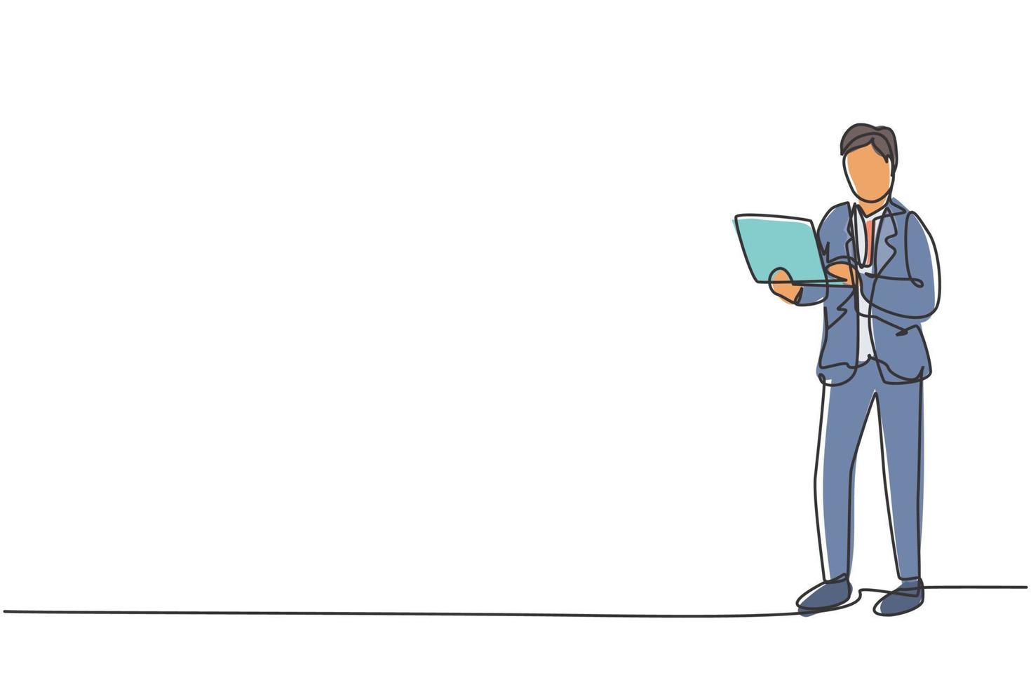 Single one line drawing of young smart business man with suit standing while holding a laptop. Business concept. Modern continuous line draw. Minimal design graphic vector illustration