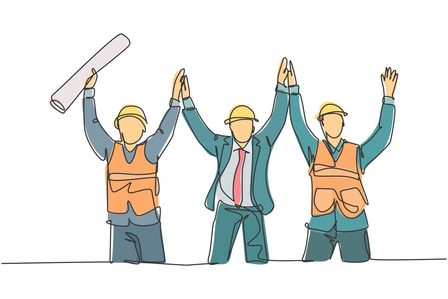 Single line drawing of construction worker and foreman celebrate their successive build the building together. Building construction concept continuous line draw design vector graphic illustration