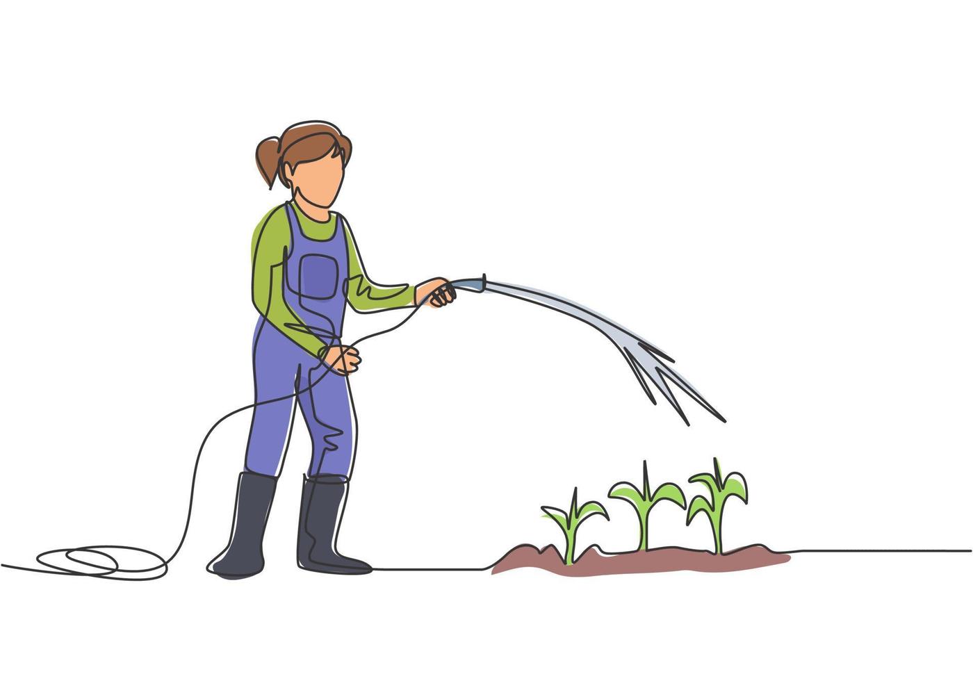 Continuous one line drawing young female farmer standing on farm field while watering the plants using a hose. Farmer planting activities concept. Single line draw design vector graphic illustration.
