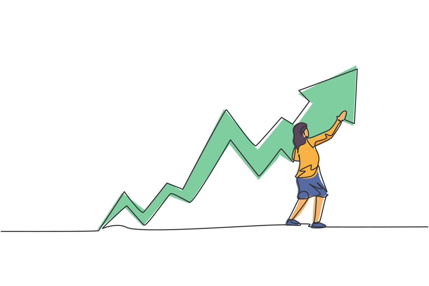 Un solo dibujo de línea continua de una joven empresaria de belleza dibujar un gráfico de crecimiento de ventas en aumento en la pared. trabajador profesional. concepto de minimalismo dinámico dibujo de una línea diseño gráfico ilustración vectorial vector