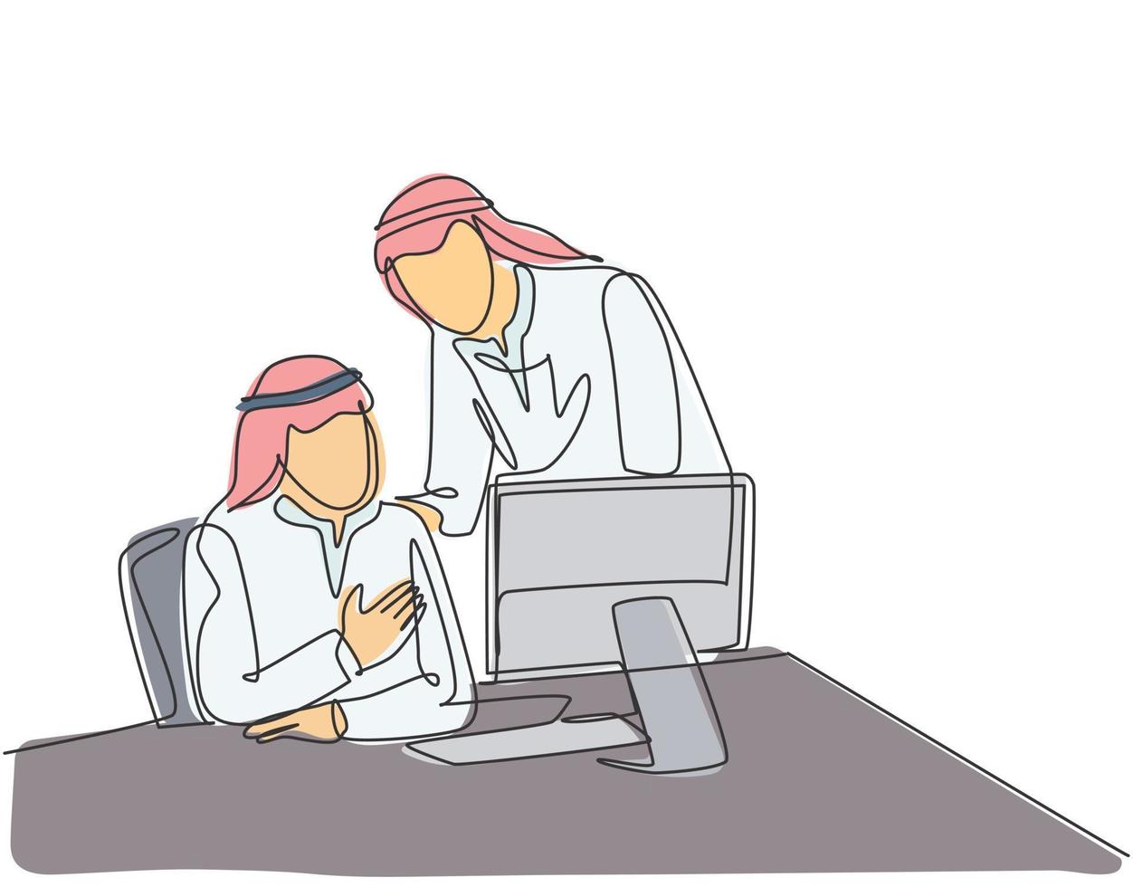 One continuous line drawing of young muslim startup team member discussing company business strategy together. Islamic clothing kandura, scarf, keffiyeh. Single line draw design vector illustration