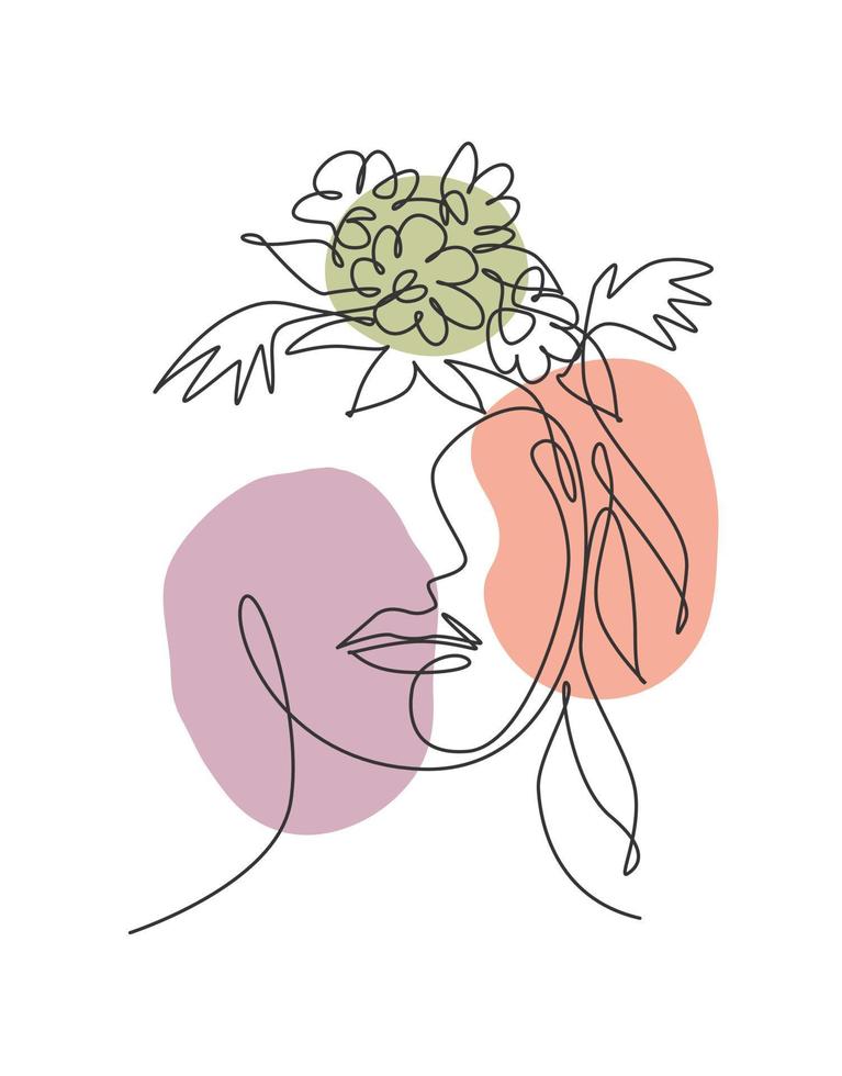 One single line drawing beauty abstract face with natural flowers vector illustration. Woman portrait minimalistic style concept for wall art decor print. Modern continuous line draw graphic design