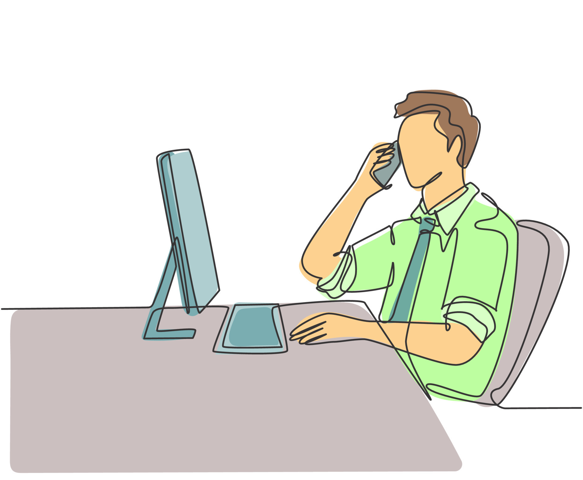 un dibujo de una sola línea del joven director de la empresa dando un breve resumen a través de