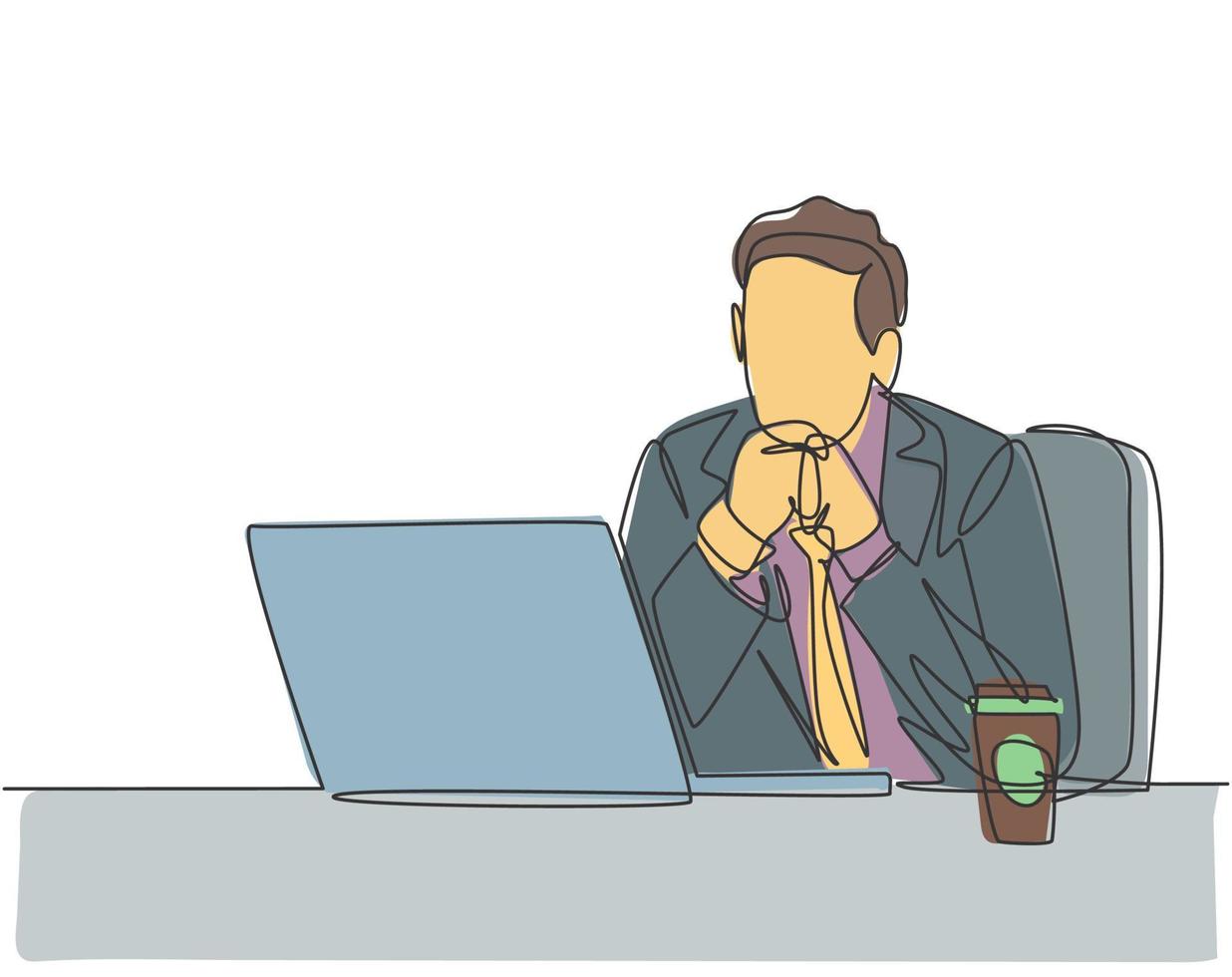 Single continuous line drawing of young male worker sitting and thinking seriously in front of computer screen at the office. Work focus concept one line graphic draw design vector illustration