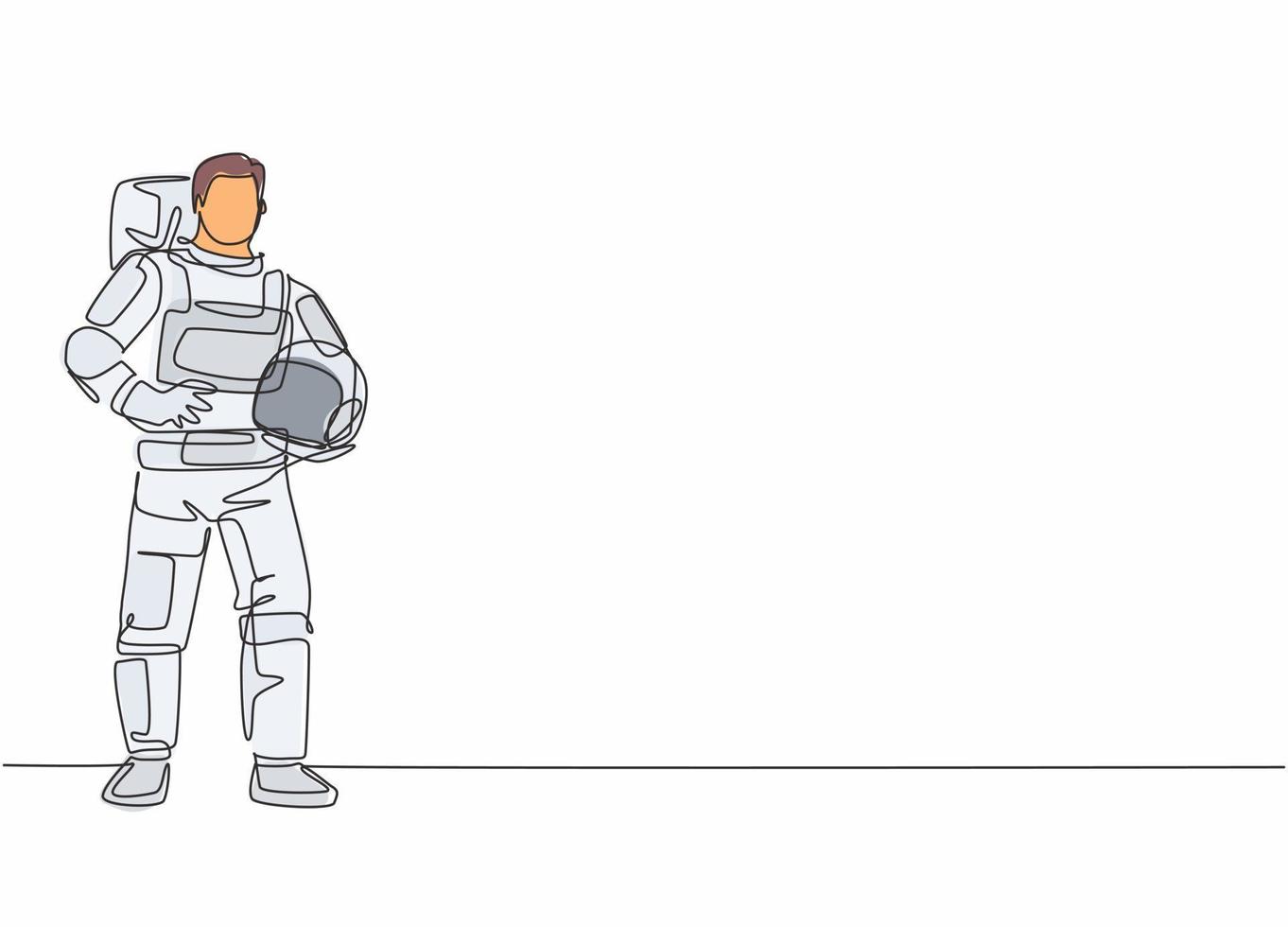Continuous one line drawing of young male astronaut pose standing and holding helmet. Professional job profession minimalist concept. Single line draw design vector graphic illustration