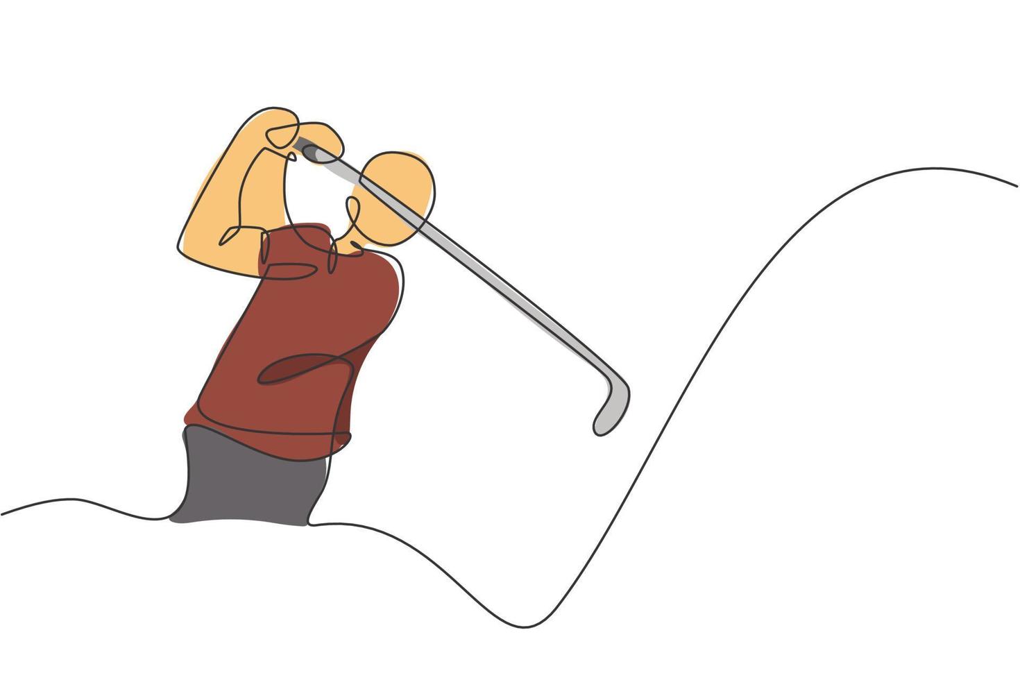 One continuous line drawing of young golf player swing golf club and hit the ball. Leisure sport concept. Dynamic single line draw design graphic vector illustration for tournament promotion media