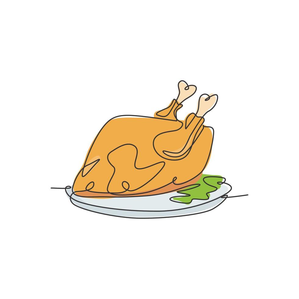 One single line drawing of fresh hot roasted turkey for restaurant menu vector graphic illustration. Typical food for festival holiday celebration concept. Modern continuous line draw design