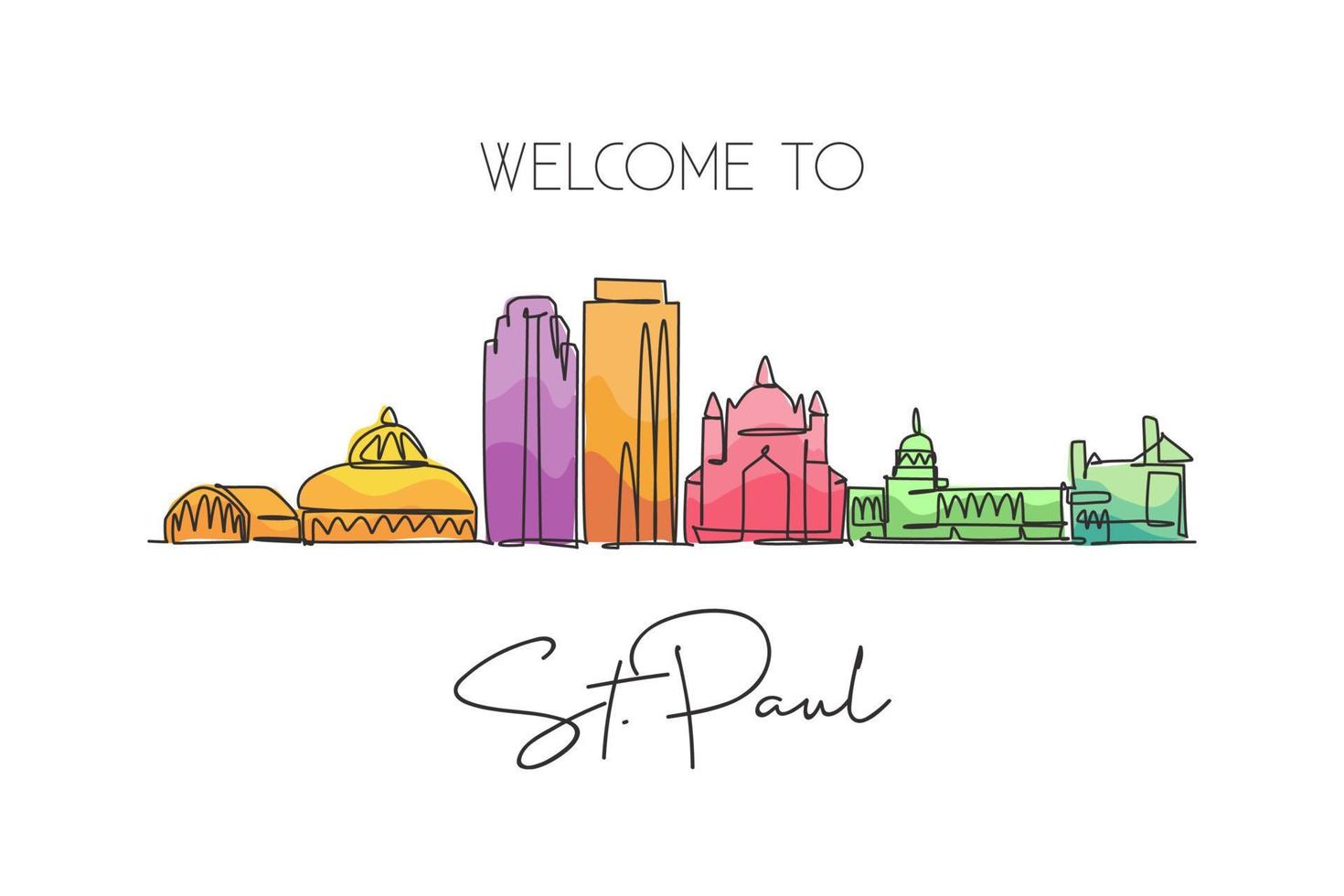 Single continuous line drawing Saint Paul city skyline, Minnesota. Famous city scraper landscape. World travel concept home wall decor poster print art. Modern one line draw design vector illustration