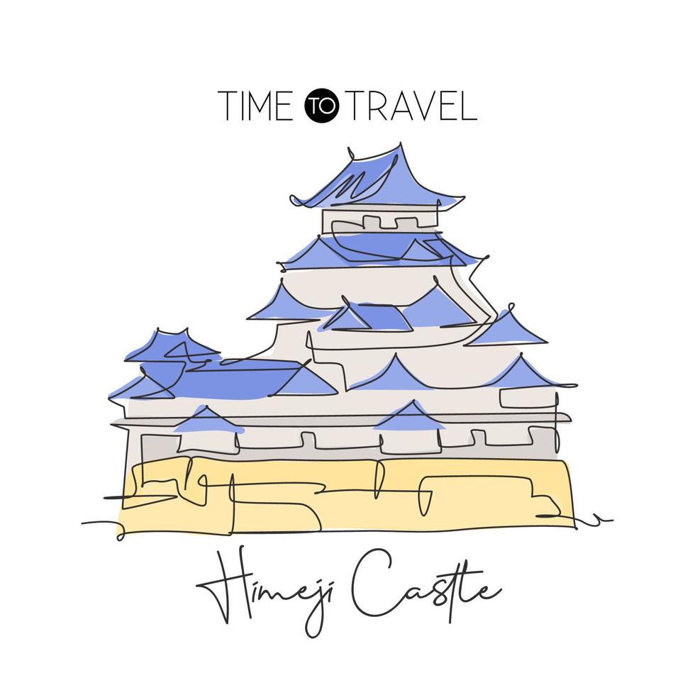 One single line drawing Himeji Castle landmark. World famous iconic palace in Himeji, Japan. Tourism travel postcard wall decor print concept. Modern continuous line draw design vector illustration