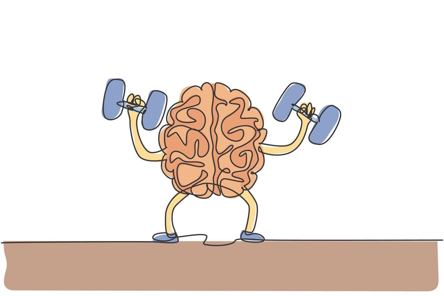 One continuous line drawing of healthy strong human brain raised dumbbell for fitness center logo icon. Smart health logotype symbol template concept. Single line draw design vector illustration