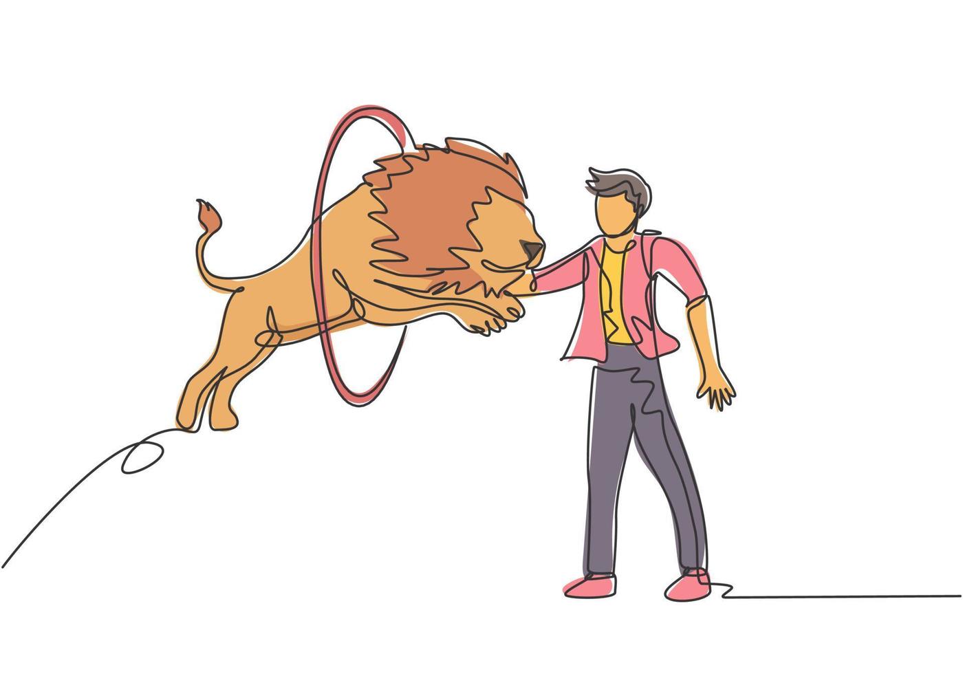 Continuous one line drawing a lion jumps into the circle held by the trainer. The trainer stands up carefully. A very challenging circus show. Single line draw design vector graphic illustration.