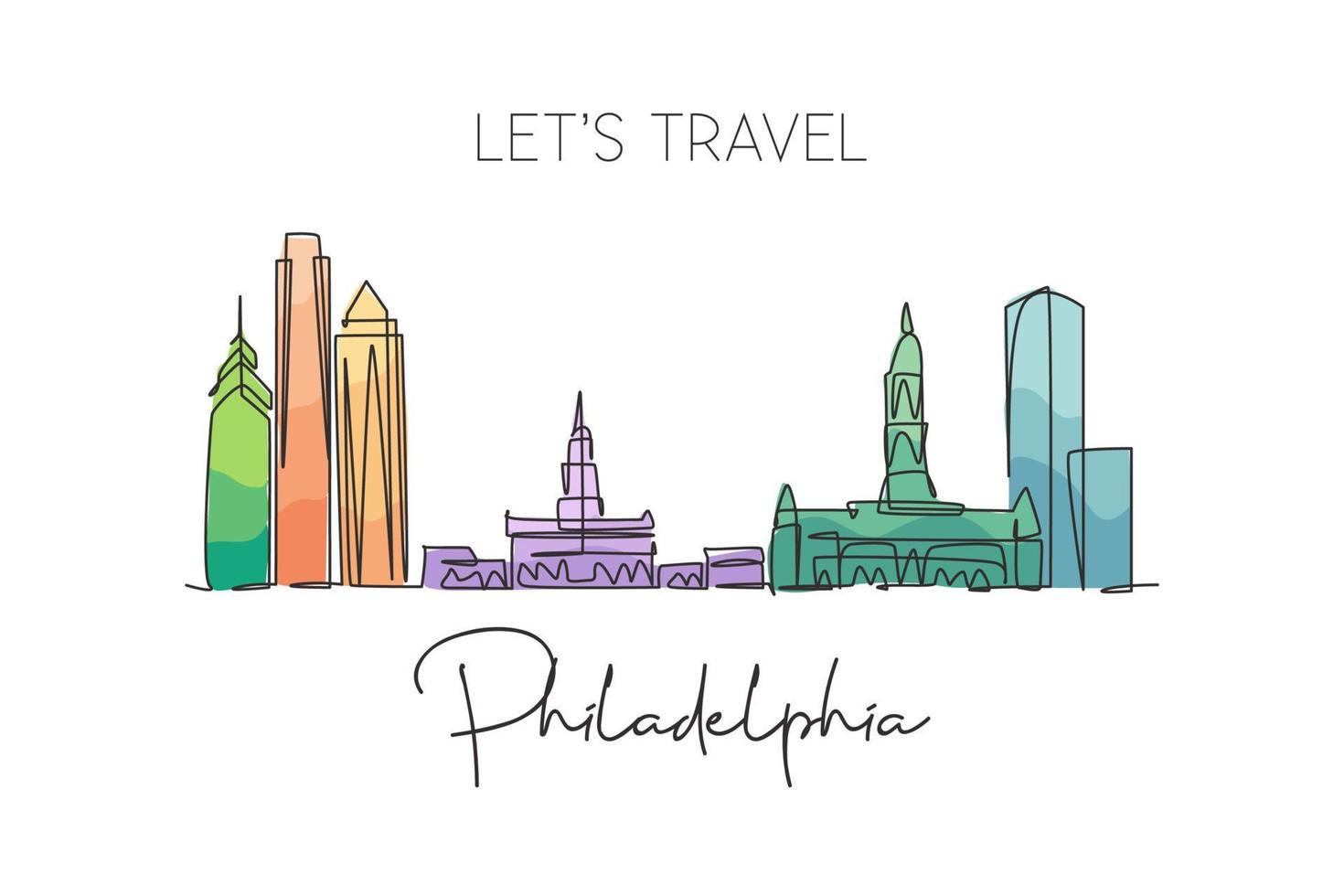 Single continuous line drawing of Philadelphia city skyline, United States of America. Famous landscape. World travel poster print art. Editable stroke modern one line draw design vector illustration