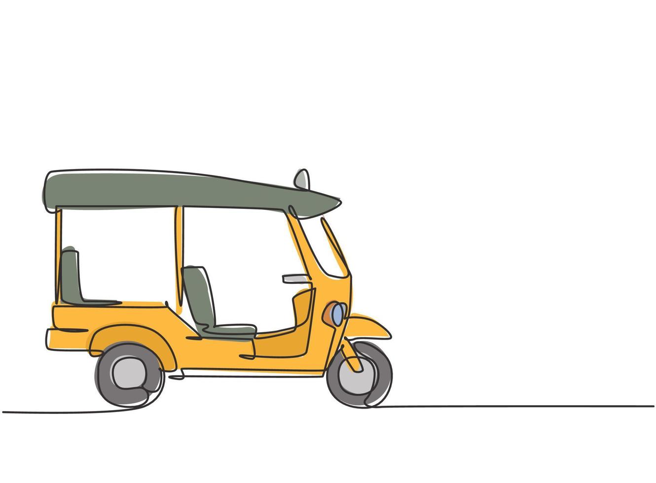 dibujo de una sola línea del tuk tuk tailandés visto desde el lado que atiende a los pasajeros extranjeros que viajan en Tailandia. conviértete en un ícono del turismo. Ilustración de vector gráfico de diseño de dibujo de línea continua.