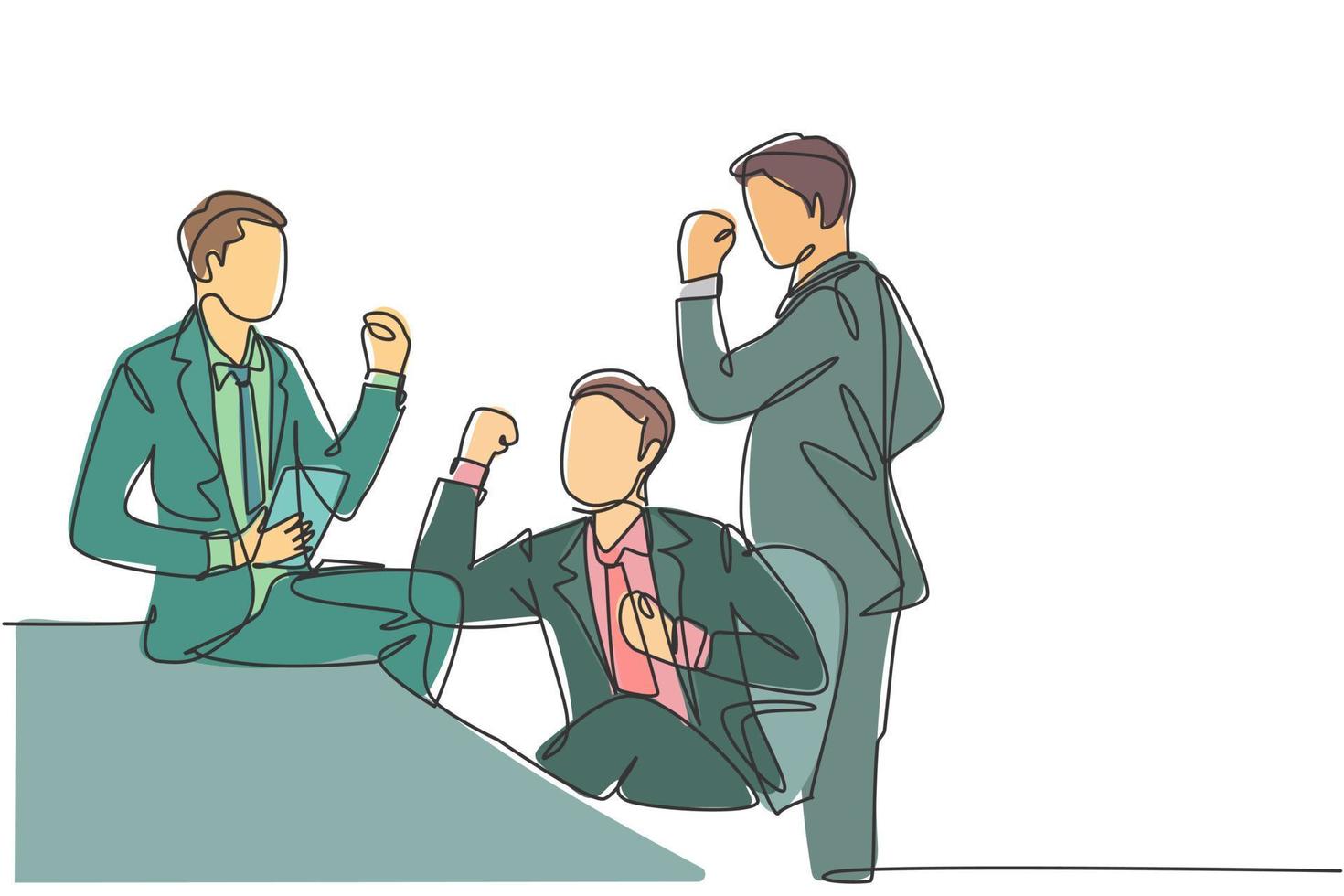 Single continuous line drawing of young happy businessmen celebrating their success in getting investment together. Business teamwork celebration concept one line draw design vector illustration