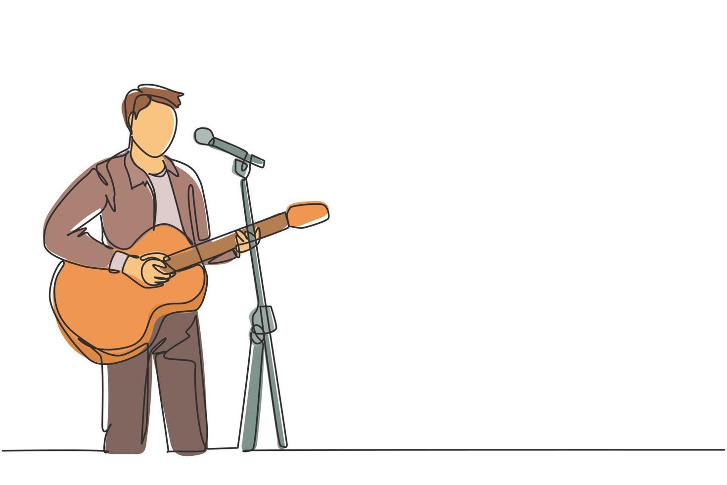 un dibujo de línea continua de un joven guitarrista masculino feliz tocando la guitarra acústica y cantando en el escenario del festival de música. Ilustración de vector de diseño de dibujo de línea única de concepto de rendimiento de artista músico