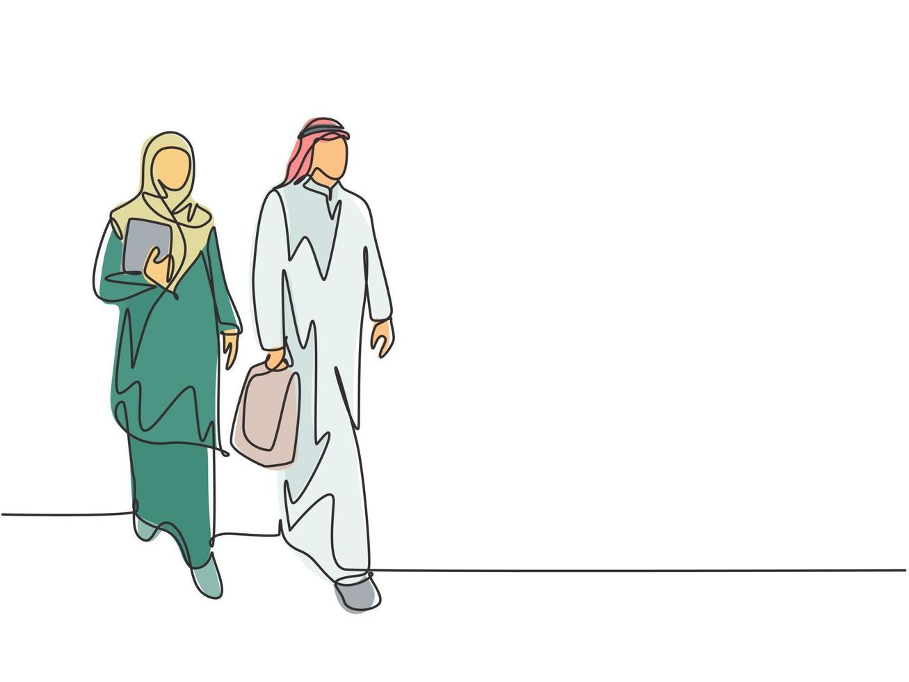 Single continuous line drawing of young happy businessman walking together with his assistant while go to the meeting room. Arab middle east woman cloth veil hijab. One draw design vector illustration