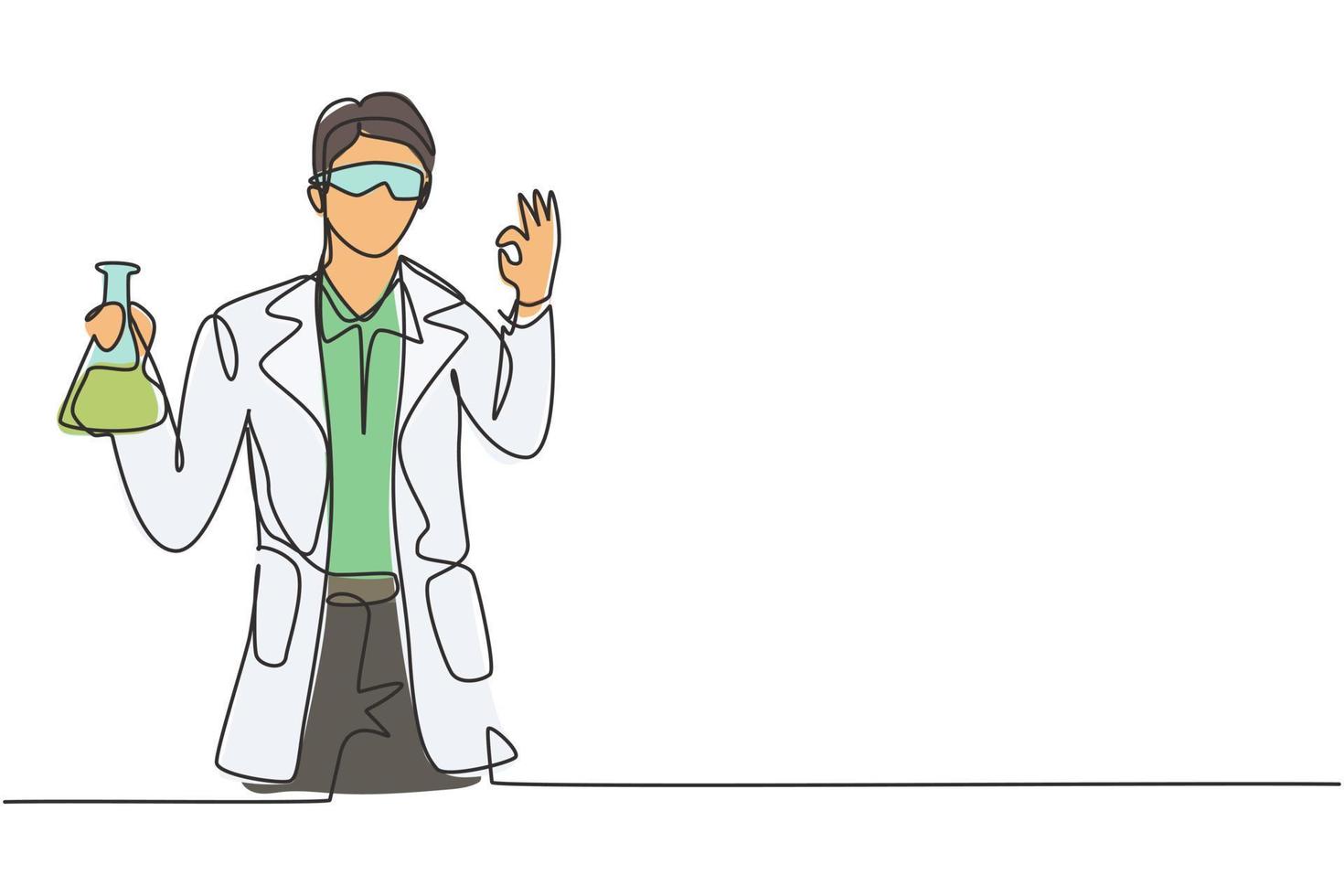 dibujo de una sola línea de científico masculino con gesto bien y sosteniendo el tubo de medición para examinar la solución química para hacer la vacuna. Ilustración de vector gráfico de diseño de dibujo de línea continua moderna