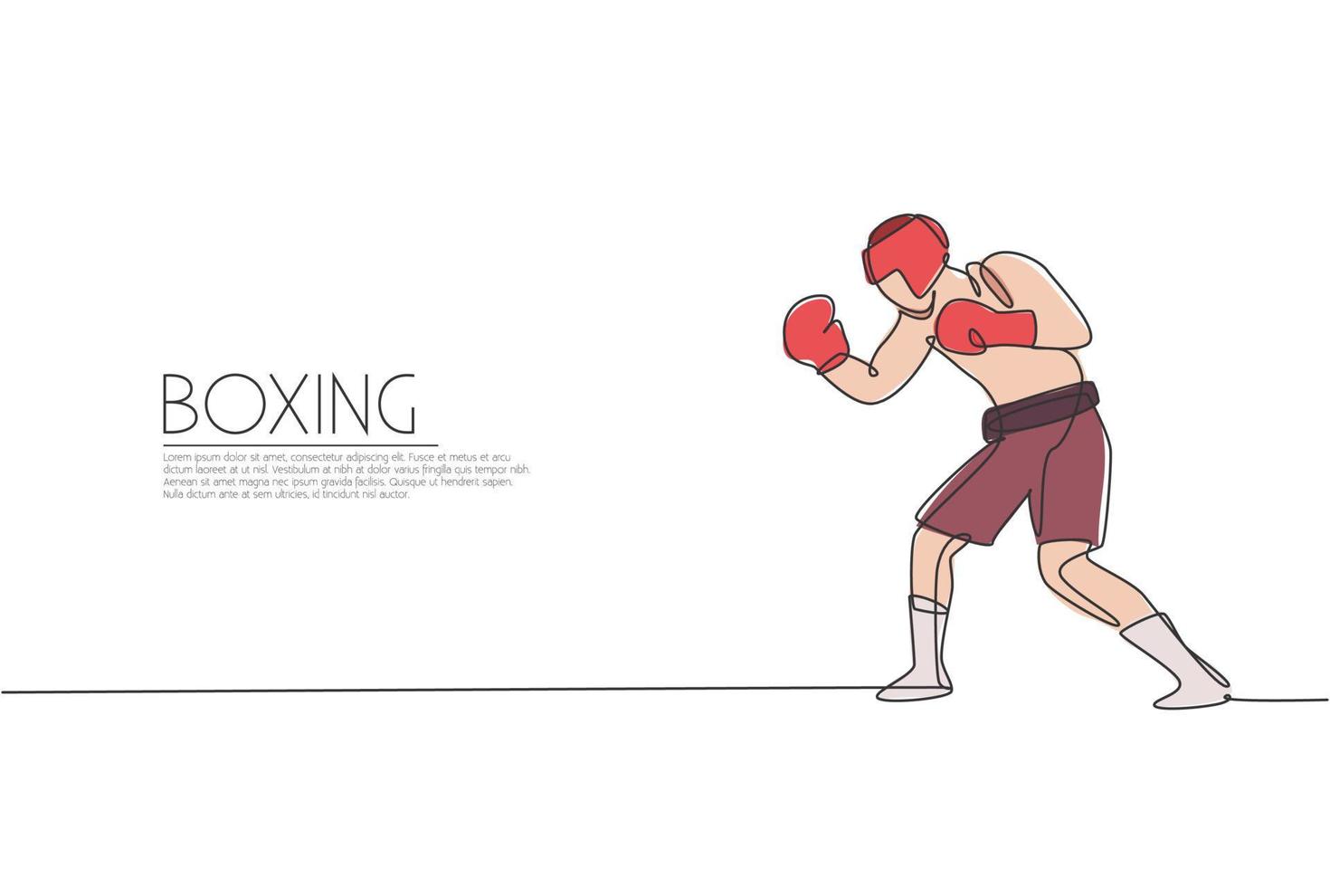 One single line drawing of young energetic man boxer focus practicing upper cut punch vector illustration. Sport combative training concept. Modern continuous line draw design for boxing event banner