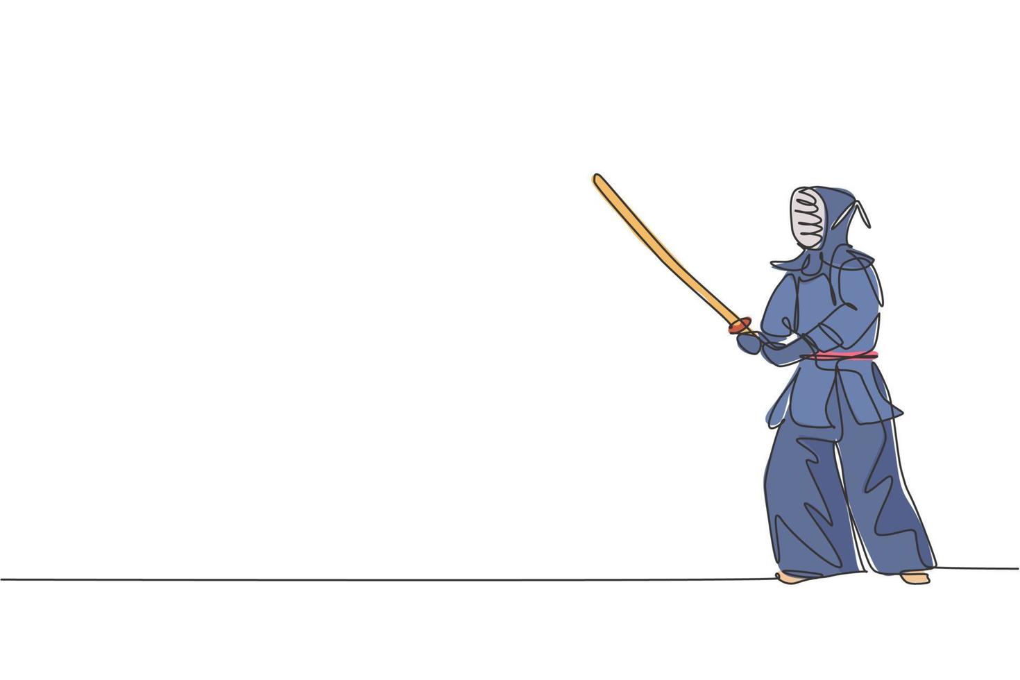 dibujo de una sola línea continua de un joven deportivo practicando la postura de kendo pose habilidad de arte marcial en el centro deportivo de gimnasio. concepto de deporte de lucha. ilustración gráfica de vector de diseño de dibujo de una línea de moda