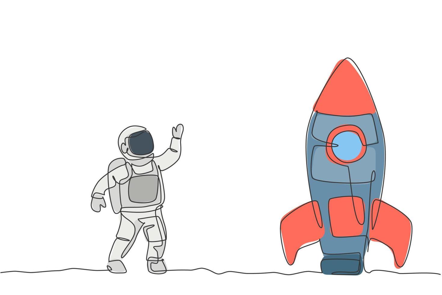 dibujo de una sola línea continua de un astronauta en traje espacial saludando con la mano y diciendo adiós a la nave espacial cohete. concepto de astronomía de la vía láctea de la ciencia. Ilustración de vector de diseño de dibujo de una línea de moda