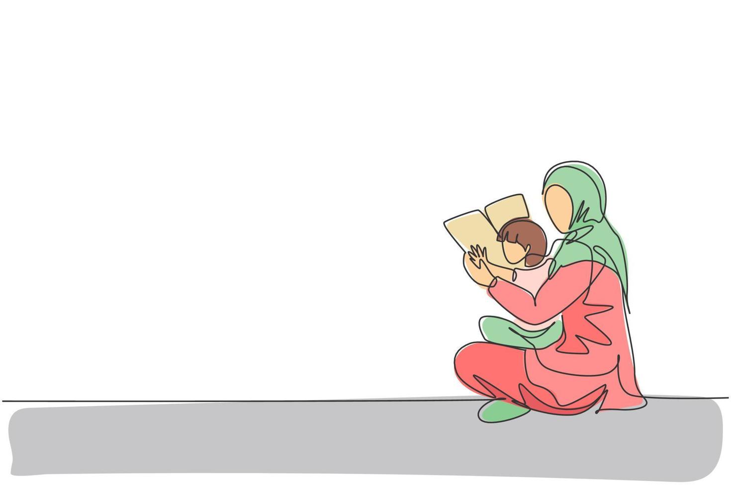 Single continuous line drawing of young Islamic mom siting on the floor and read story book to her daughter. Arabian muslim happy family motherhood concept. One line draw design vector illustration