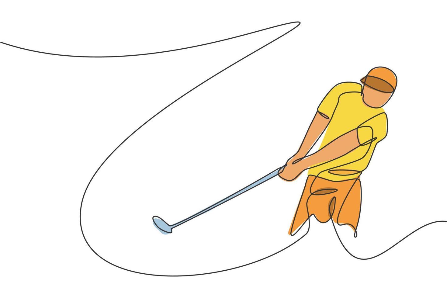 One continuous line drawing of young golf player swing golf club and hit the ball. Leisure sport concept. Dynamic single line draw design vector illustration graphic for tournament promotion media