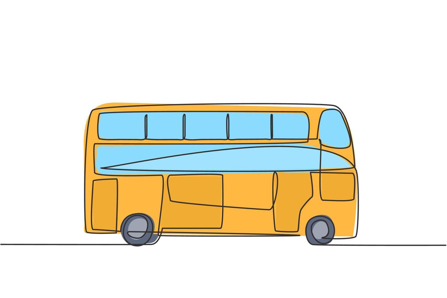 Autobuses de dos pisos de dibujo de línea continua única que se ven de costado, sirven a los turistas para recorrer la ciudad disfrutando de sus vacaciones. Ilustración de vector de diseño gráfico de dibujo dinámico de una línea.