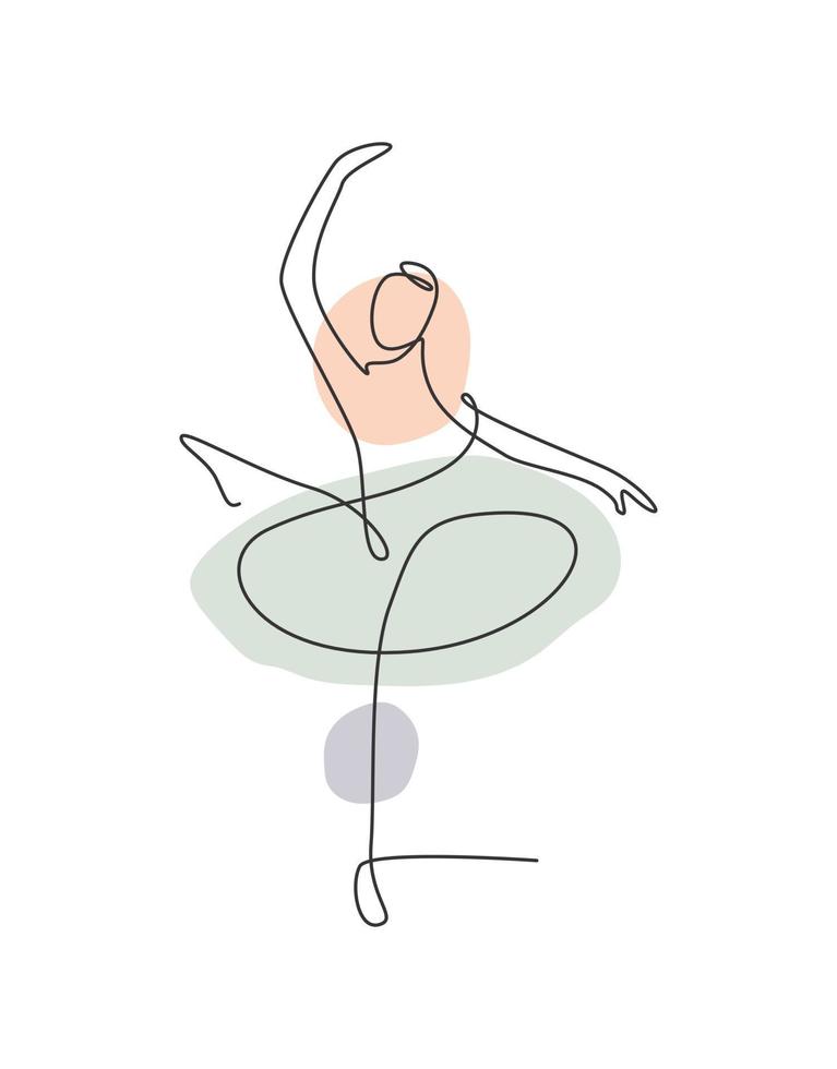 un dibujo de línea continua mujer bailarina de ballet de belleza en movimiento de elegancia. bailarina chica sexy realiza el concepto de danza del arte. impresión de decoración de pared. Ilustración gráfica de vector de diseño de dibujo de línea única dinámica