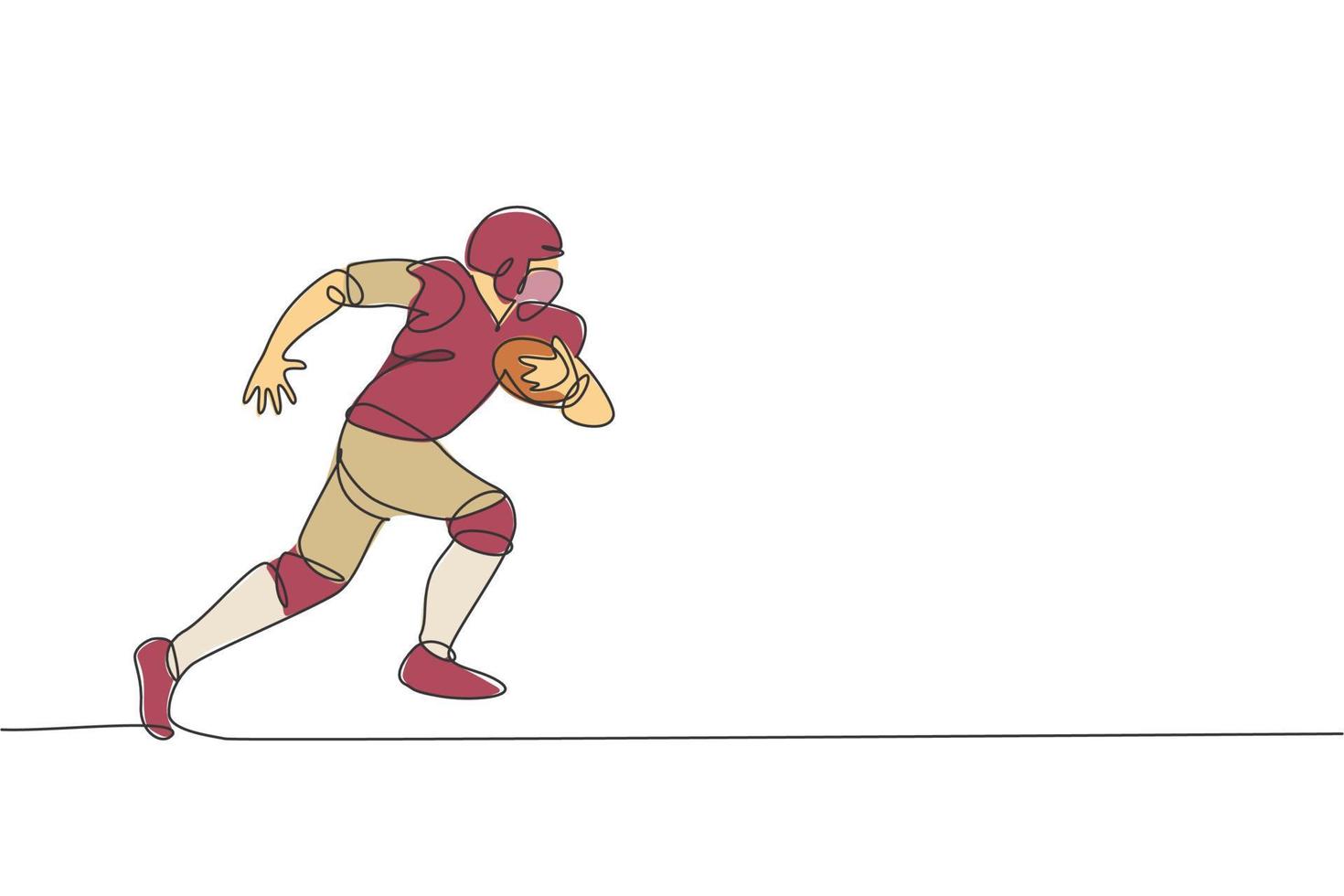 un dibujo de una sola línea de un joven y enérgico jugador de fútbol americano corriendo mientras sostiene el balón para la promoción de la liga. concepto de competición deportiva. ilustración de vector de diseño de dibujo de línea continua moderna