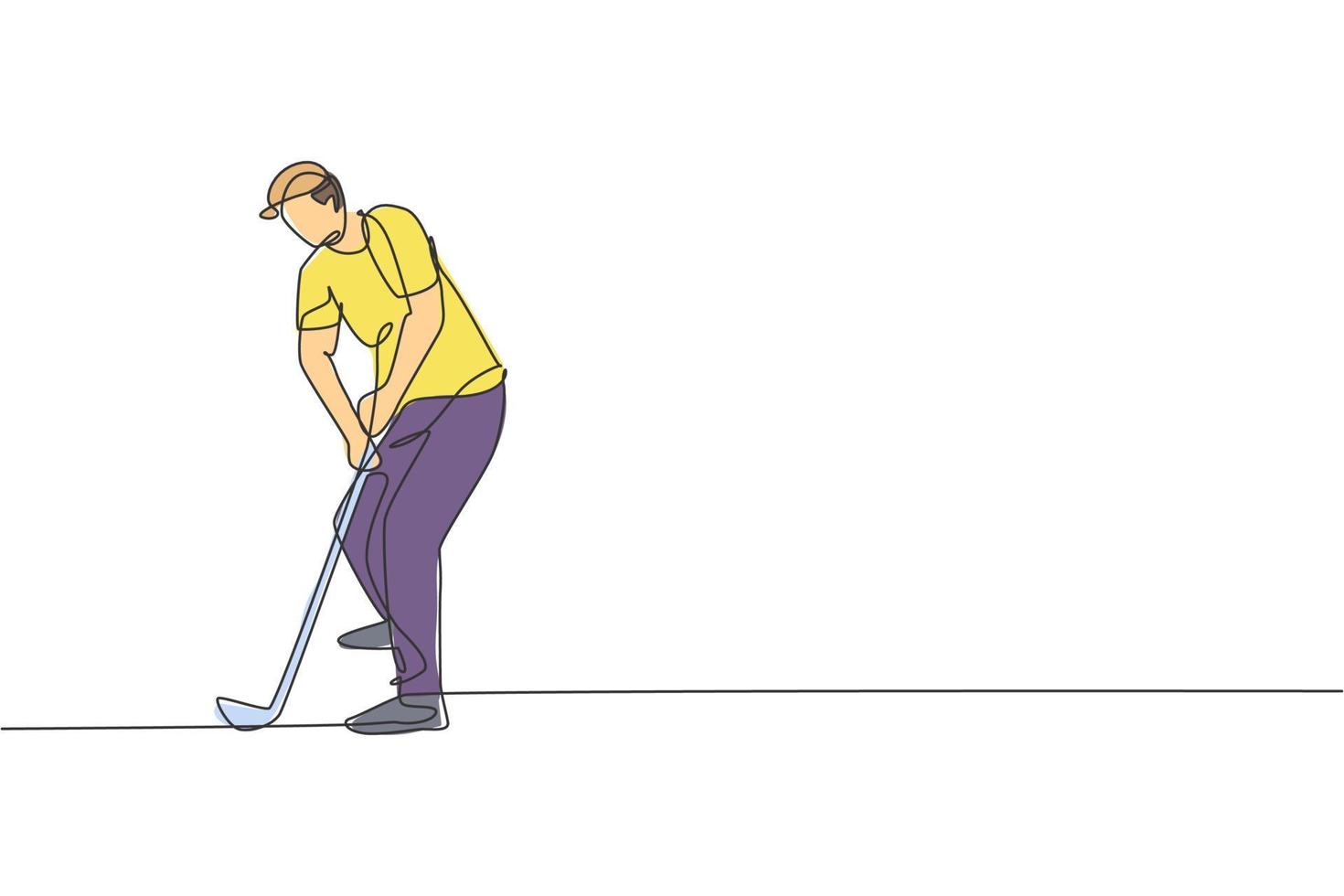 un dibujo de línea continua del joven jugador de golf swing club de golf y golpeó la pelota. concepto de deporte de ocio. Ilustración de vector de diseño gráfico de dibujo de línea única dinámica para medios de promoción de torneos